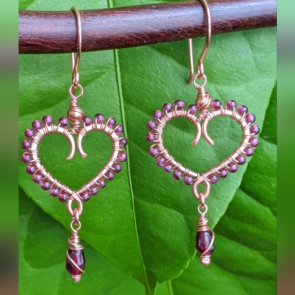 Garnet Heart Earrings Artisan Crafted Copper Design Dangle Drop - Picture 12 of 16